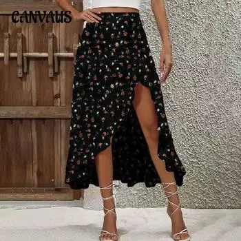 Женская летняя романтическая элегантная полуюбка с оборками и цветочным принтом, полуюбка нерегулярной формы с разрезом S чёрный