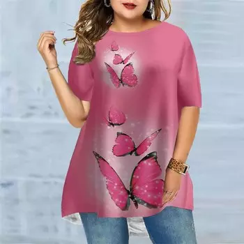 Женская летняя розовая футболка с принтом бабочки больших размеров, удобная футболка с короткими рукавами и круглым вырезом, повседневная мешковатая футболка средней длины XS розовый