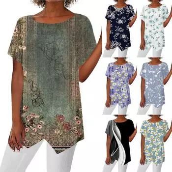 Женская летняя рубашка-блузка с принтом и коротким рукавом, повседневная базовая футболка с круглым вырезом и нерегулярным подолом L