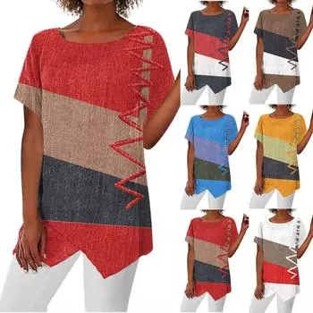 Женская летняя рубашка-блузка с принтом и коротким рукавом, повседневная базовая футболка с круглым вырезом и нерегулярным подолом XXXL коричневый