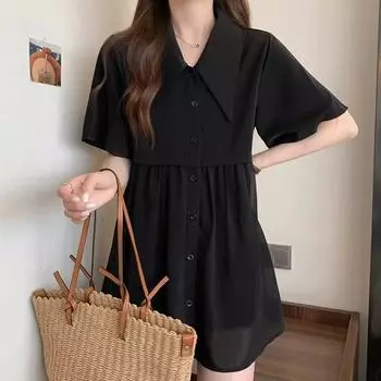 Женская летняя рубашка больших размеров из шифона с коротким рукавом средней длины с короткими рукавами и свободным топом 4XL чёрный