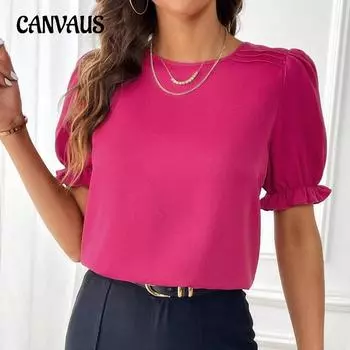 Женская летняя рубашка больших размеров, модные темпераментные однотонные топы с круглым вырезом и короткими рукавами S чёрный