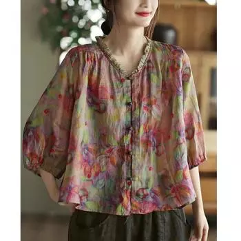 Женская летняя рубашка большого размера в этническом стиле, утягивающий топ, футболка с короткими рукавами, женские рубашки M