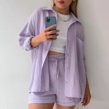 Женская летняя рубашка из мятой ткани с лацканами и длинными рукавами, шорты с высокой талией и шнурком, модный повседневный комплект из двух предметов XXL белый