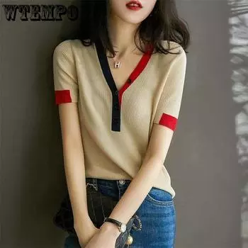 Женская летняя рубашка из тонкого трикотажа Ice Silk с короткими рукавами во французском стиле, контрастного цвета, с V-образным вырезом, в полоску, с пуловером S