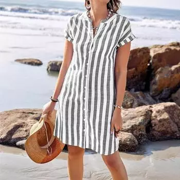 Женская летняя рубашка — модная, свободная и повседневная с повседневным полосатым платьем S тёмно-синий