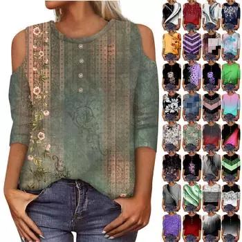 Женская летняя рубашка, модная свободная повседневная рубашка с принтом и открытыми плечами, рукав 3/4, топ L