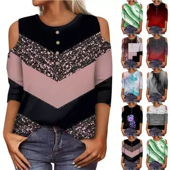 Женская летняя рубашка, модная свободная повседневная рубашка с принтом и открытыми плечами, рукав 3/4, топ L чёрный