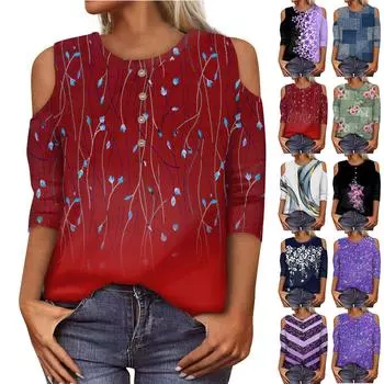 Женская летняя рубашка, модная свободная повседневная рубашка с принтом и открытыми плечами, рукав 3/4, топ L чёрный