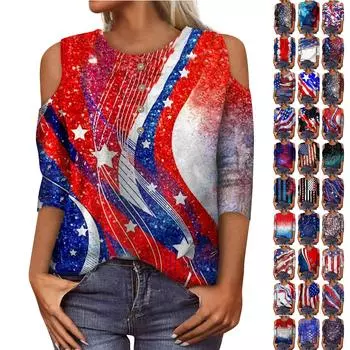 Женская летняя рубашка, модная свободная повседневная рубашка с принтом и открытыми плечами, рукав 3/4, топ L чёрный