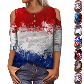 Женская летняя рубашка, модная свободная повседневная рубашка с принтом и открытыми плечами, рукав 3/4, топ M синий