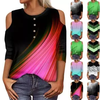 Женская летняя рубашка, модная свободная повседневная рубашка с принтом и открытыми плечами, рукав 3/4, топ L чёрный