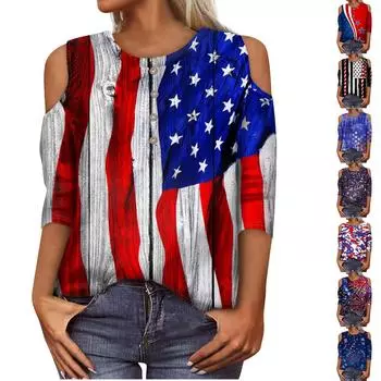 Женская летняя рубашка, модная свободная повседневная рубашка с принтом и открытыми плечами, рукав 3/4, топ L чёрный