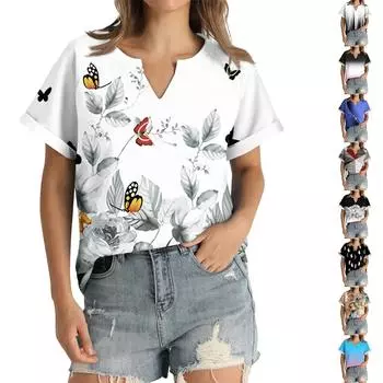 Женская летняя рубашка, модный свободный повседневный топ с v-образным вырезом и принтом L чёрный