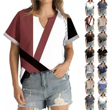 Женская летняя рубашка, модный свободный повседневный топ с v-образным вырезом и принтом L чёрный