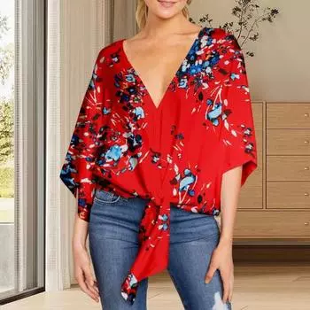 Женская летняя рубашка на шнуровке с узлом Декор рукава три четверти глубокий V-образный вырез с цветочным принтом дышащая блузка больших размеров в стиле ретро 4XL черный белый