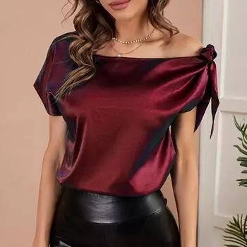 Женская летняя рубашка-пуловер с бантом на воротнике, повседневный и удобный однотонный топ S чёрный