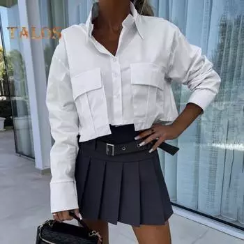 Женская летняя рубашка, рубашка с длинными рукавами и лацканами, топы, укороченные топы в базовом стиле для поездок на работу, однобортная рубашка с карманами и клапанами M белый