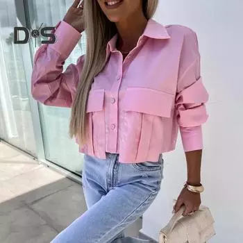 Женская летняя рубашка, рубашка с длинными рукавами и лацканами, топы, укороченные топы в базовом стиле для поездок на работу, однобортная рубашка с карманами и клапанами M белый