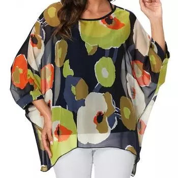 Женская летняя рубашка с цветочным принтом и рукавами «летучая мышь», шифоновое пончо, повседневная свободная блузка One Size зелёный