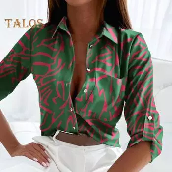 Женская летняя рубашка с длинным рукавом с лацканами, облегающие топы с геометрическим узором, однобортная рубашка, уличная одежда L белый