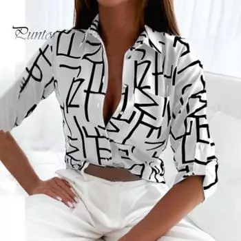 Женская летняя рубашка с длинным рукавом с лацканами, облегающие топы с геометрическим узором, однобортная рубашка, уличная одежда L белый