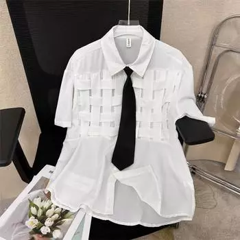 Женская летняя рубашка с галстуком, японская клетчатая рубашка с коротким рукавом, женская однотонная белая блузка большого размера, унисекс, элегантный уличный топ M чёрный