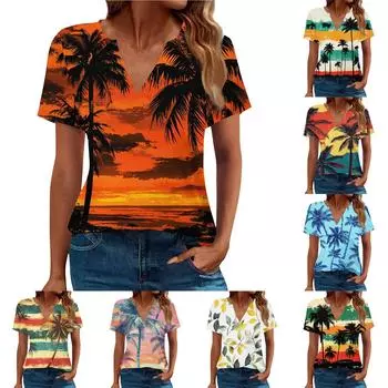 Женская летняя рубашка с коротким рукавом и V-образным вырезом, деловая повседневная свободная футболка, трендовая модная одежда, топы S тёмно-синий