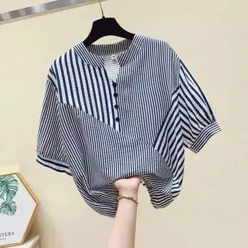 Женская летняя рубашка с коротким рукавом в нерегулярную полоску, индивидуальный дизайн, удобный топ 4XL синий