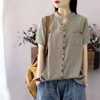 Женская летняя рубашка с коротким рукавом в стиле ретро в литературном стиле, полосатая, с воротником-стойкой, тонкая, повседневная, для поездок на работу 3XL серый