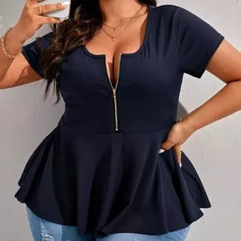 Женская летняя рубашка с короткими рукавами и застежкой-молнией больших размеров, модные свободные тонкие топы 4XL темно-синий