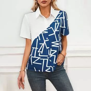 Женская летняя рубашка с короткими рукавами и контрастными цветами с принтом S синий