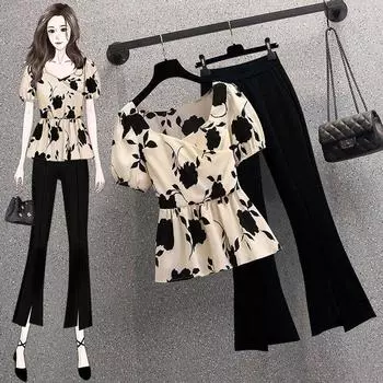 Женская летняя рубашка с короткими рукавами + микро-клеш брюки, комплект из двух частей, блузка в корейском стиле с черными брюками XXXXL