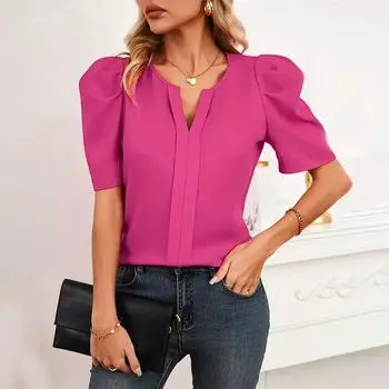 Женская летняя рубашка с круглым вырезом и круглым вырезом, свободная темпераментная элегантная рубашка с коротким рукавом S ярко-розовый