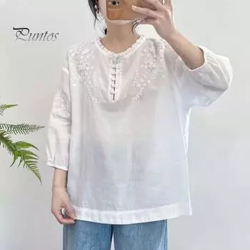 Женская летняя рубашка с круглым вырезом и пуговицами, рубашка с коротким рукавом, топы, свободная рубашка с вышивкой и цветочным узором M белый