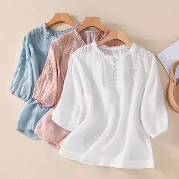 Женская летняя рубашка с круглым вырезом и пуговицами, рубашка с коротким рукавом, топы, свободная рубашка с вышивкой и цветочным узором M розовый