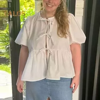 Женская летняя рубашка с круглым вырезом и пышным коротким рукавом, повседневная рубашка с бантом на шнуровке и рюшами на подол, однотонная рубашка, блузка S леопардовый