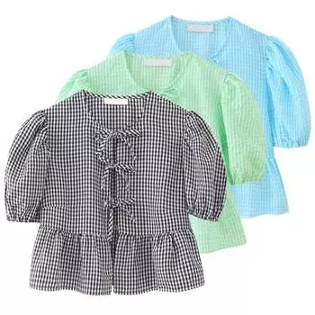 Женская летняя рубашка с круглым вырезом и короткими рукавами, топы с клетчатым принтом, шнуровкой и бантом, рюшами S зелёный