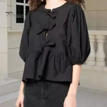 Женская летняя рубашка с круглым вырезом и пышным коротким рукавом, повседневная рубашка с бантом на шнуровке и рюшами на подол, однотонная рубашка, блузка M леопардовый