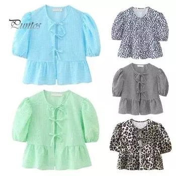 Женская летняя рубашка с круглым вырезом и короткими рукавами, топы с клетчатым принтом, шнуровкой и бантом, рюшами на подол, топ с ремешками S чёрный