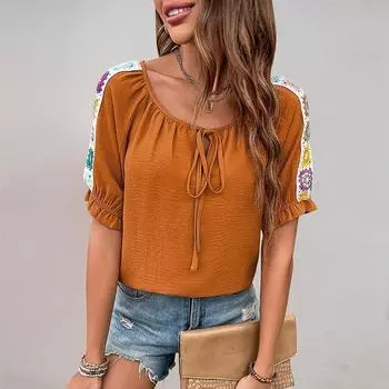 Женская летняя рубашка с круглым вырезом и завязкой в этническом стиле S оранжевый