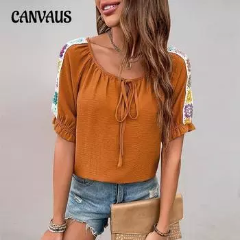 Женская летняя рубашка с круглым вырезом и завязкой в этническом стиле S оранжевый