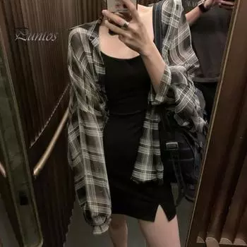 Женская летняя рубашка с лацканами и длинными рукавами в клетку, рубашка с принтом, топы, свободный крой, однобортный тонкий кардиган, рубашка S чёрный