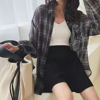 Женская летняя рубашка с лацканами и длинными рукавами в клетку, рубашка с принтом, топы, свободный крой, однобортный тонкий кардиган, рубашка S чёрный