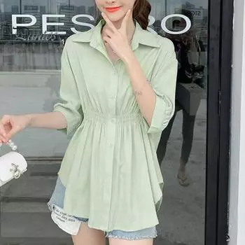 Женская летняя рубашка с лацканами и половиной рукава, рубашка средней длины с эластичной резинкой на талии, однобортная однобортная однотонная офисная женская рубашка 2XL чёрный