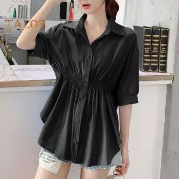Женская летняя рубашка с лацканами и половиной рукава, рубашка средней длины с эластичной резинкой на талии, однобортная однобортная однотонная офисная женская рубашка 2XL чёрный