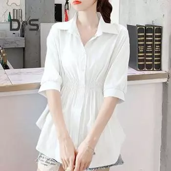 Женская летняя рубашка с лацканами и половиной рукава, рубашка средней длины с эластичной резинкой на талии, однобортная однобортная однотонная офисная женская рубашка 2XL чёрный