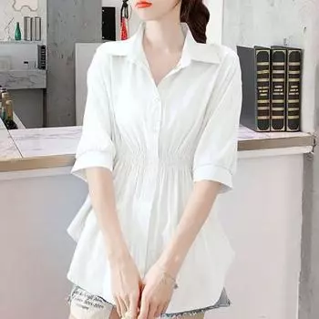 Женская летняя рубашка с лацканами и половиной рукава, рубашка средней длины с эластичной резинкой на талии, однобортная однобортная однотонная офисная женская рубашка 2XL чёрный