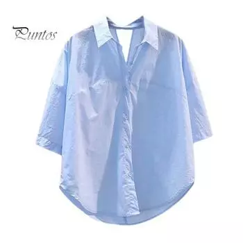 Женская летняя рубашка с лацканами, однобортная рубашка с коротким рукавом, топы, свободная посадка сзади, с полым узлом, тонкая рубашка, рабочая одежда S синий
