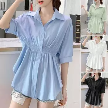 Женская летняя рубашка с лацканами, половина рукава, рубашка средней длины, однотонная офисная однотонная женская рубашка с эластичной резинкой на талии 2XL чёрный